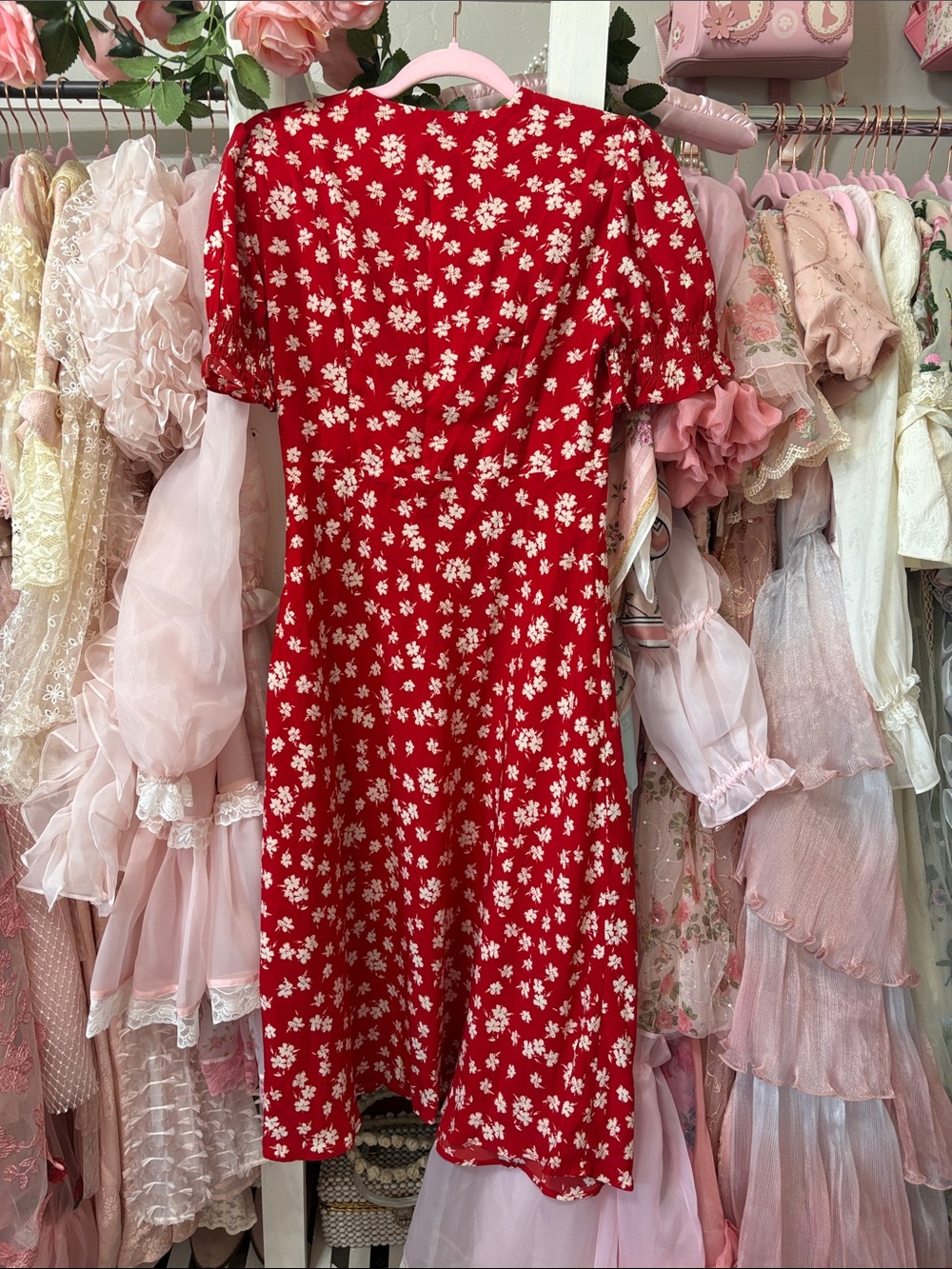 Red Floral Midi Dress with Lace V-Neck - Picture 5 of 5
